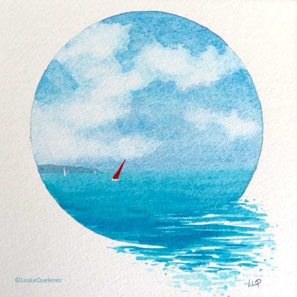  Red Sail II watercolour vignette an original painting 
