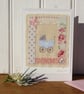 Embroidered card to welcome new baby, silk bow, mop button vintage lace - Image 2