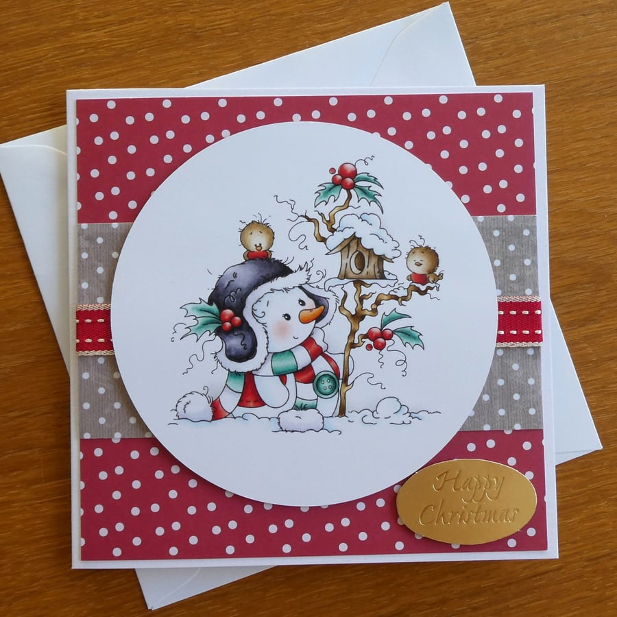 Snowman and Robins Christmas Card - Happy Christmas
