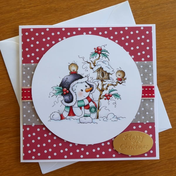 Snowman and Robins Christmas Card - Happy Christmas