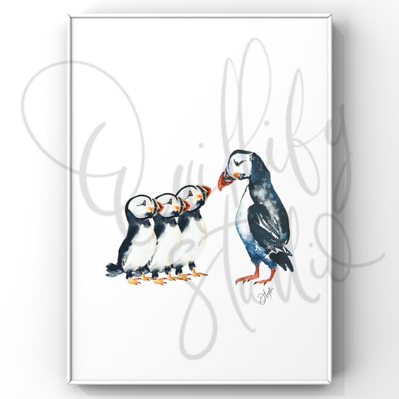 Watercolour Print Puffins Principal Plum's Fishing 101