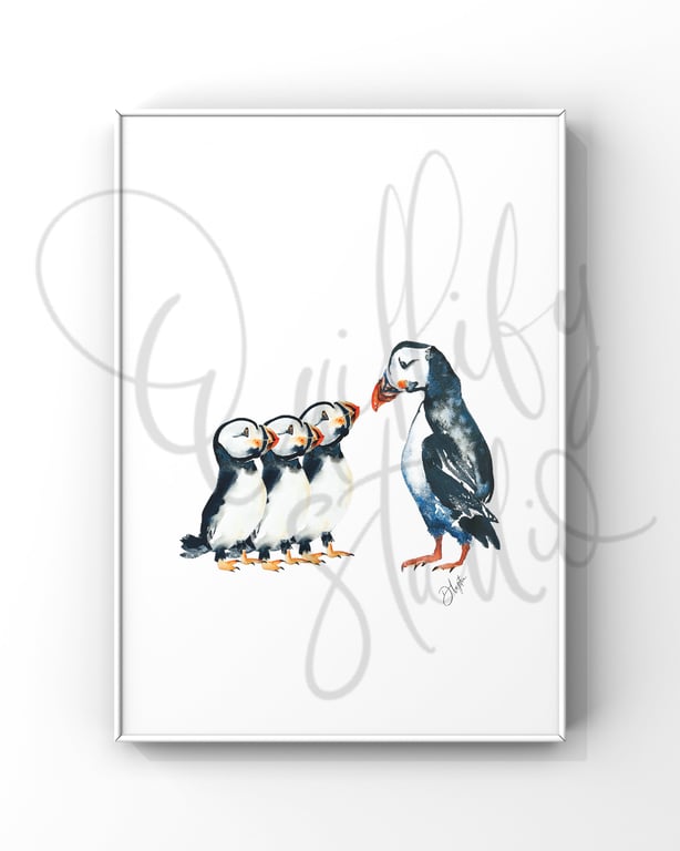 Watercolour Print Puffins Principal Plum's Fishing 101