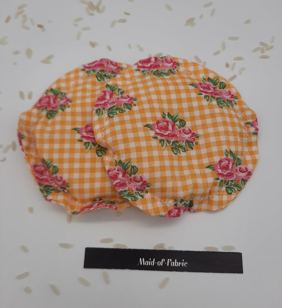 Heat pads, hand warmers, rice filled - yellow gingham and pink flowers 