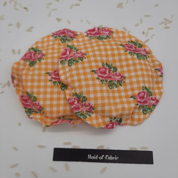 Heat pads, hand warmers, rice filled - yellow gingham and pink flowers 