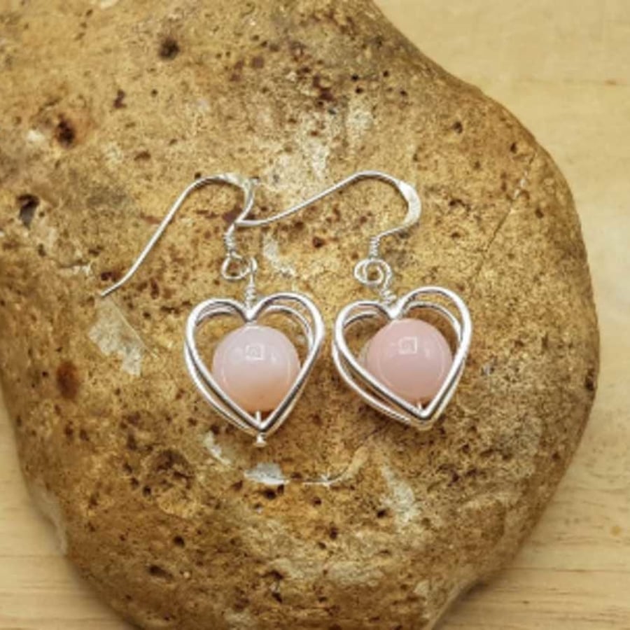 pink opal earrings. October birthstone earrings. Sterling silver heart