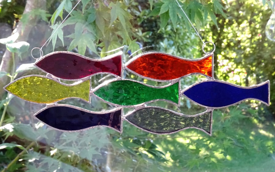 Stained Glass Shoal of 7 Fish Suncatcher - Chakra