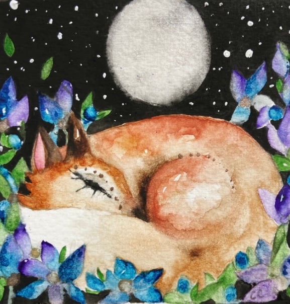 Mounted Original Resting Fox with Purple Flowers Watercolour 