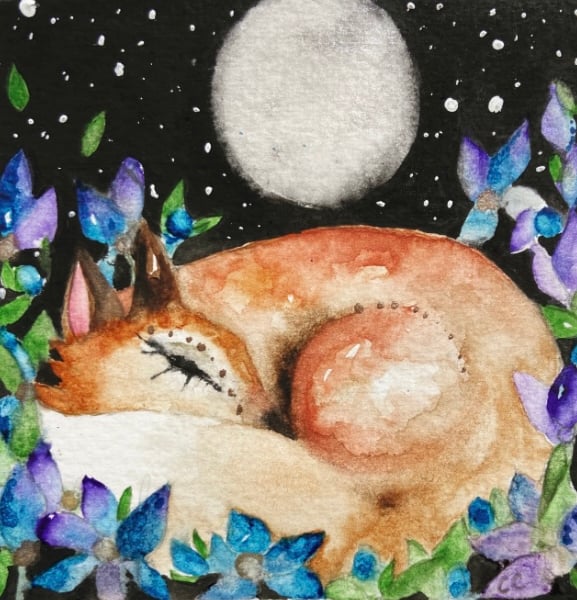 Mounted Original Resting Fox with Purple Flowers Watercolour 