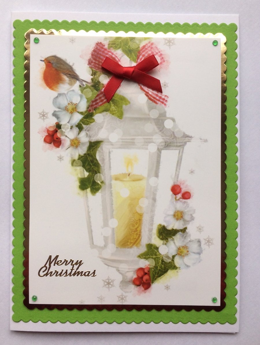 Handmade Christmas Card Vintage Snowy Lantern with Hellebore Flowers
