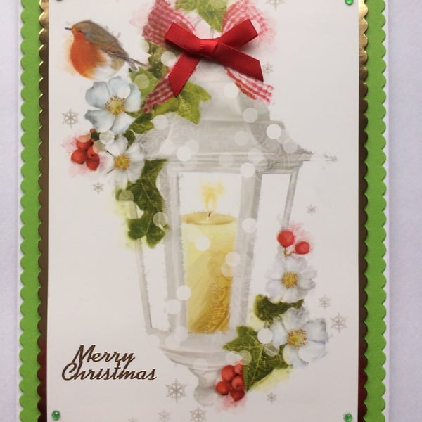 Handmade Christmas Card Vintage Snowy Lantern with Hellebore Flowers
