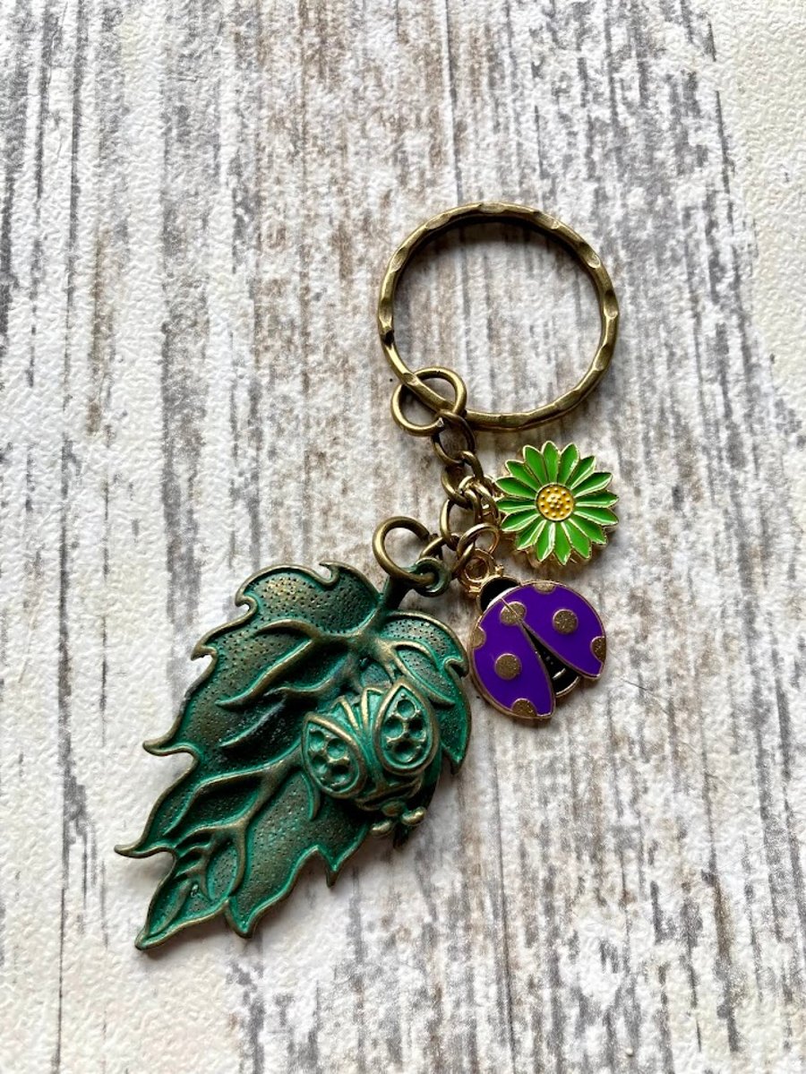 Ladybird leaf verdigris keyring bag charm