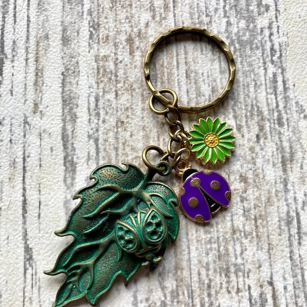 Ladybird leaf verdigris keyring bag charm