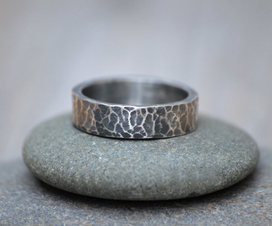 Oxidised Hammered Effect Wedding Band in Sterling Silver 5.5mm Wide