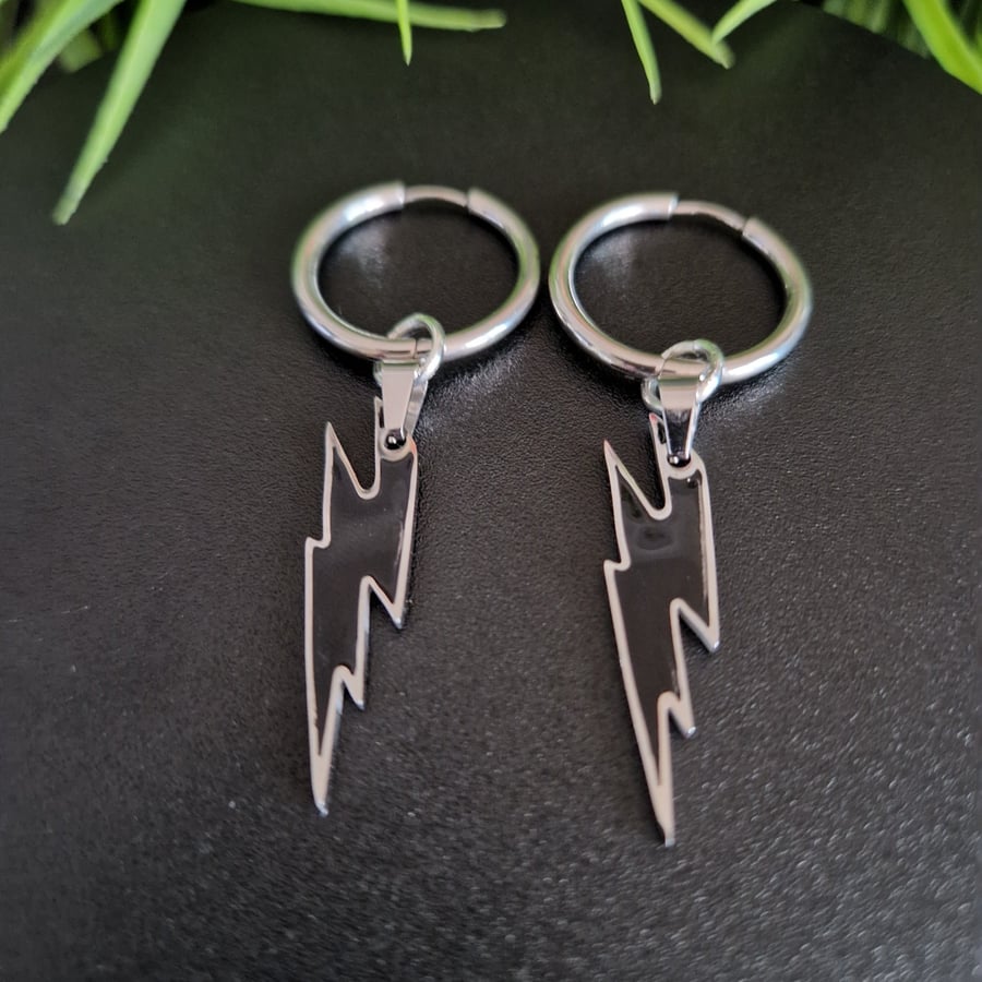 Black Lightning Bolt Hoop Earrings Stainless Steel Rock n Roll Huggies