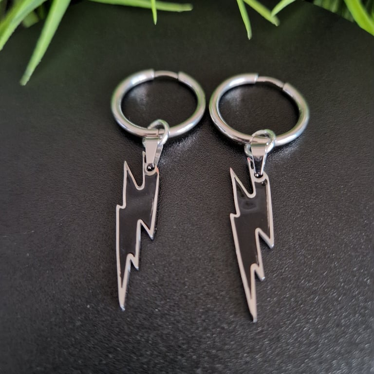 Black Lightning Bolt Hoop Earrings Stainless Steel Rock n Roll Huggies