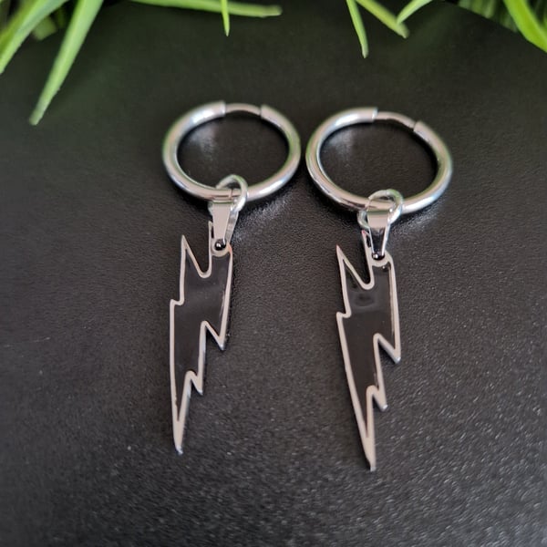 Black Lightning Bolt Hoop Earrings Stainless Steel Rock n Roll Huggies