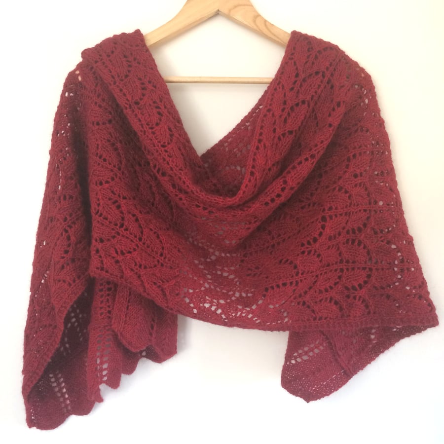 Red hand knitted lace shawl ,  wedding wrap 