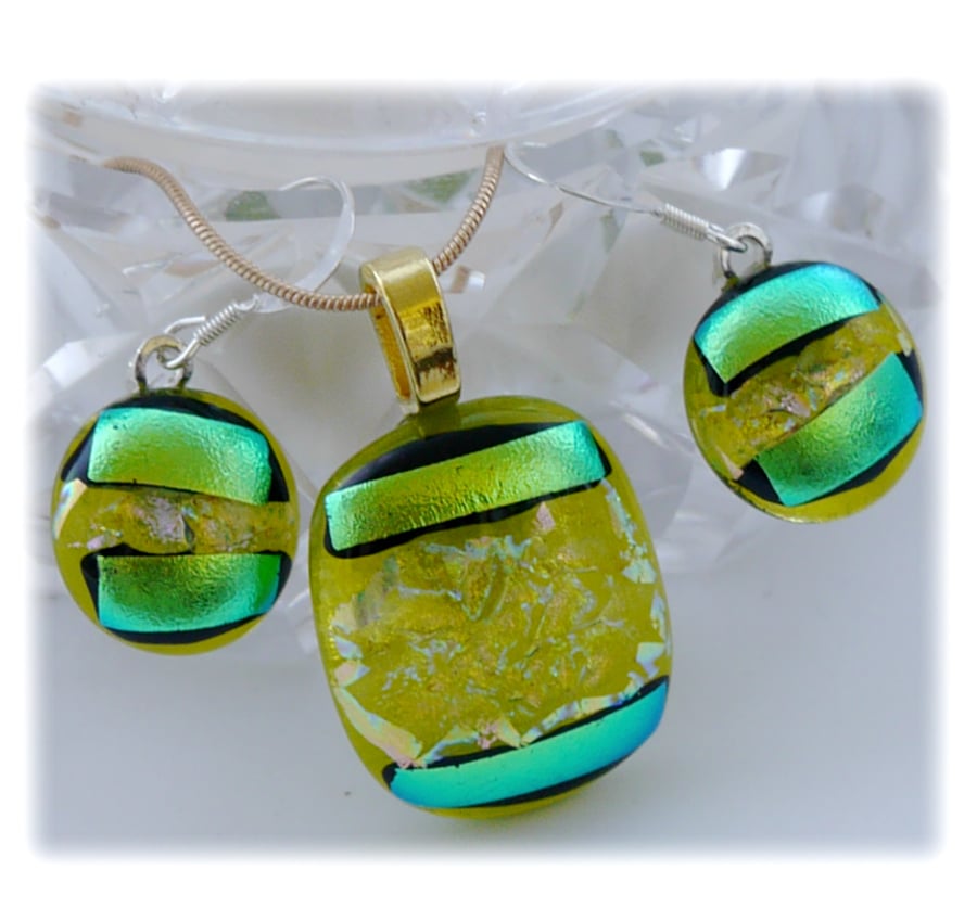 Dichroic Glass Pendant Earring Set 058 Lime Citrus with gold plated chain