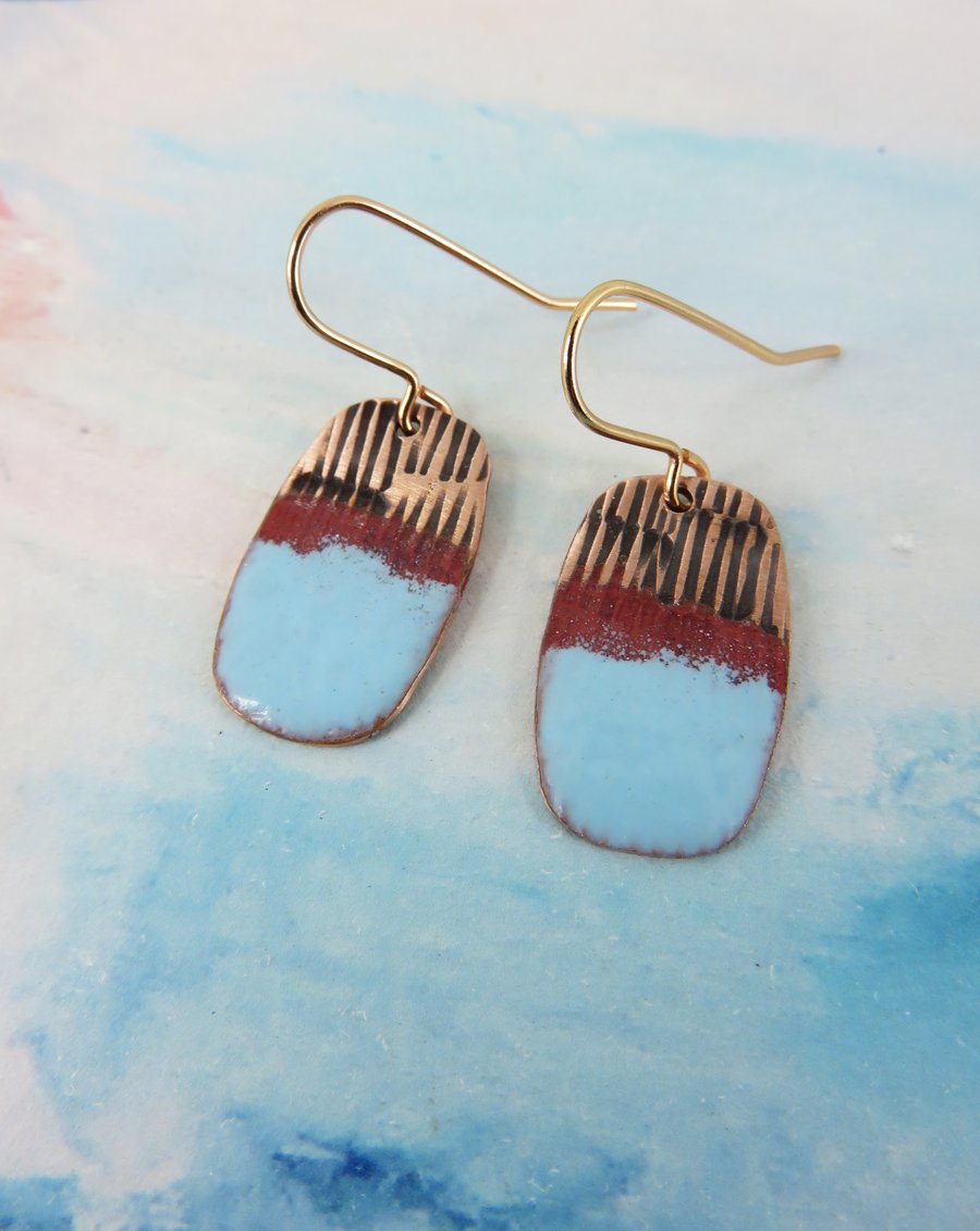 Enamel and Textured Rectangle Copper Dangle Drop Earrings