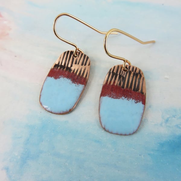 Enamel and Textured Rectangle Copper Dangle Drop Earrings