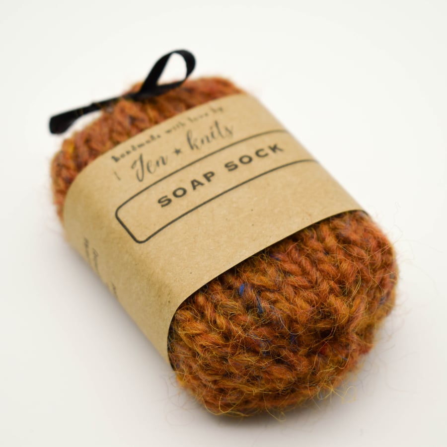 Hand knitted self felting peppermint soap sock - Amber orange - eco friendly
