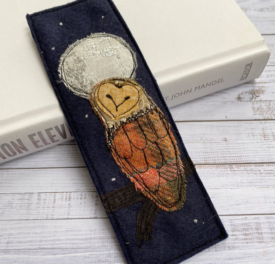 Embroidered up-cycled silvery moon owl bookmark. 