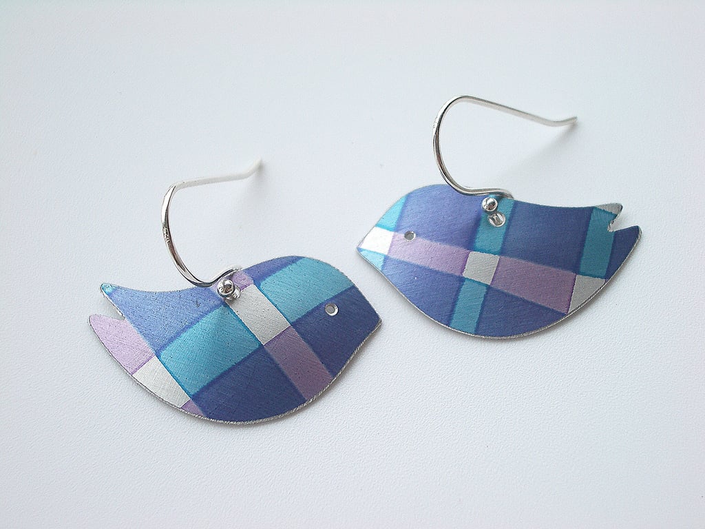 Bird earrings in blue and purple
