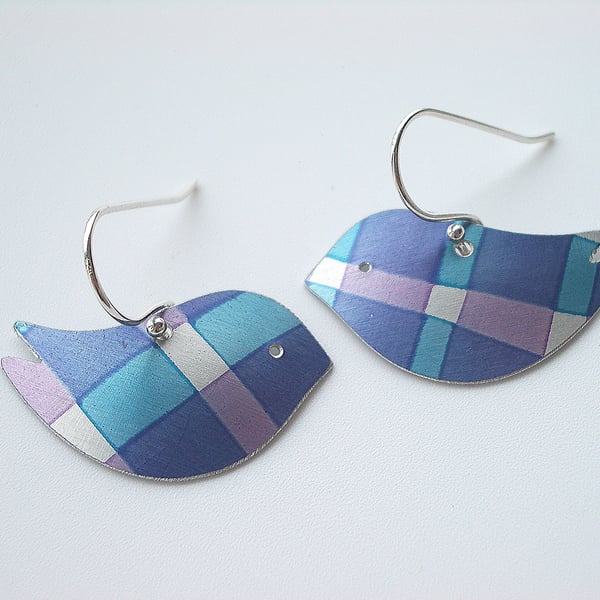 Bird earrings in blue and purple