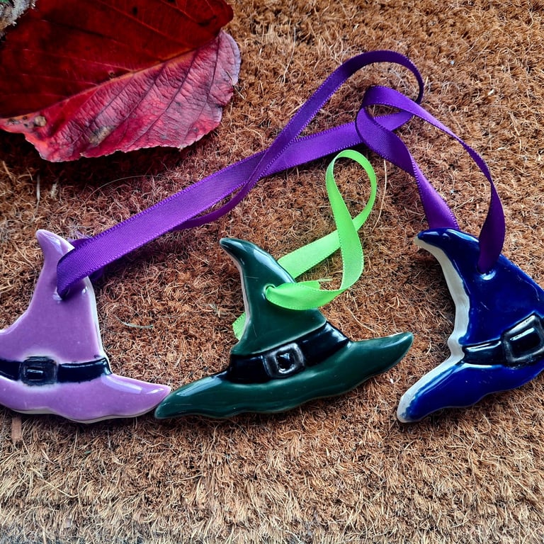 Handmade Ceramic Witches Hats - Set of 6 Different Colours with ribbons.