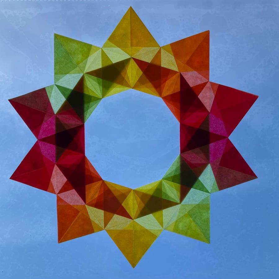  Folded Paper Window Decoration, Star Wreath, Origami, Waldorf Star,