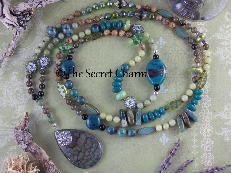 Sterling Silver 'Lady of the Forest' Long Beaded Gemstone Rosary Necklace, OOAK