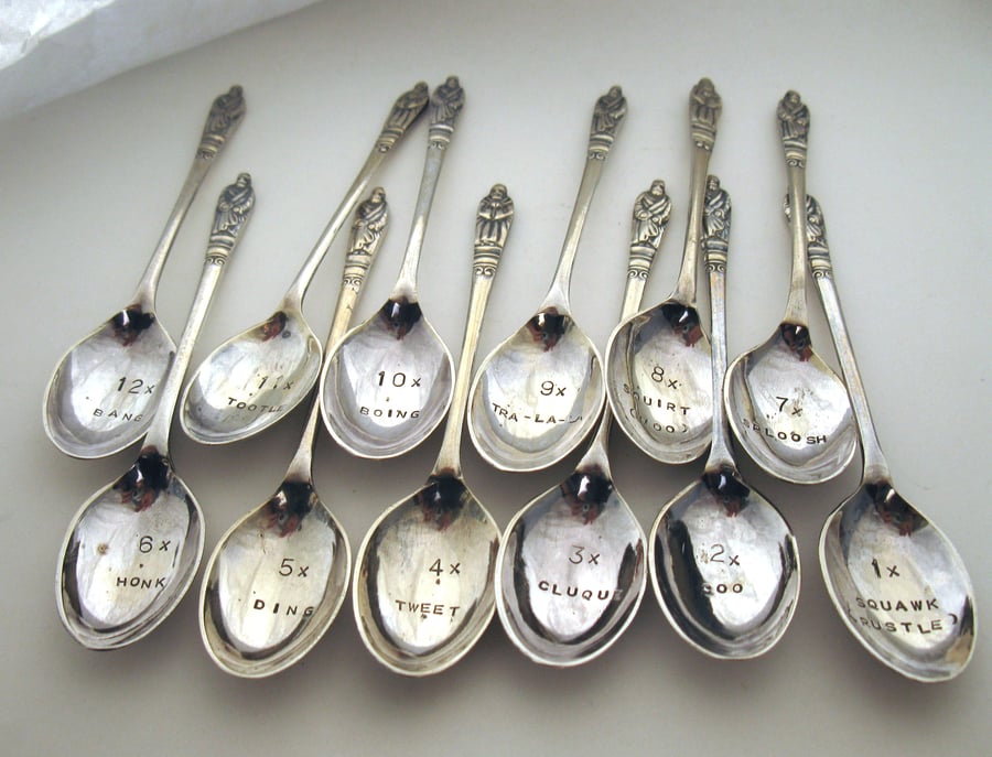 Twelve Days coffeespoon set, handstamped vintage apostle spoons and sugar tongs