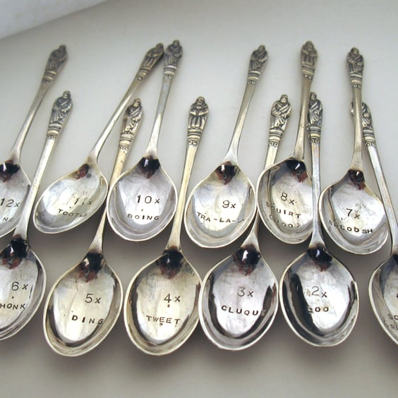 Twelve Days coffeespoon set, handstamped vintage apostle spoons and sugar tongs