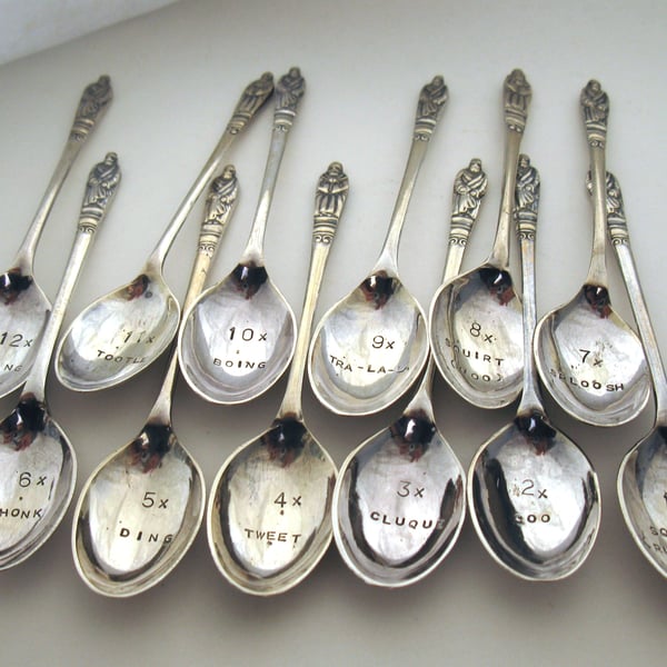 Twelve Days coffeespoon set, handstamped vintage apostle spoons and sugar tongs