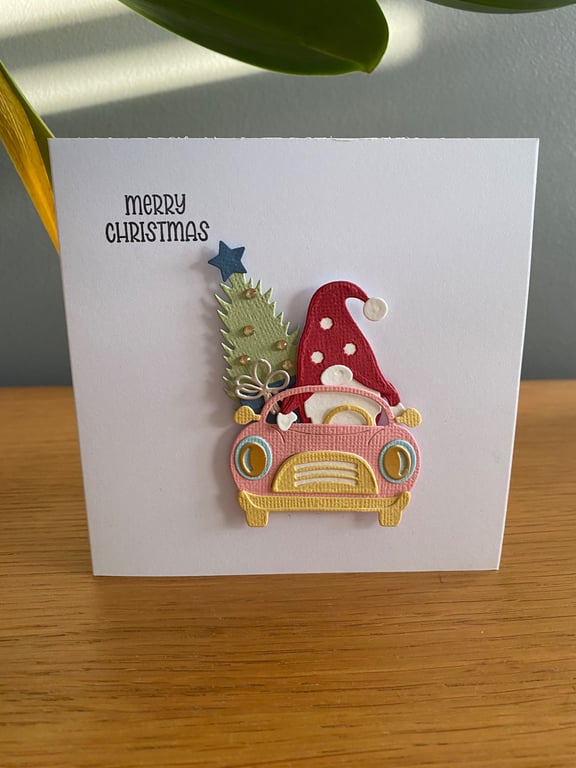 Handmade Christmas Card – Gnome Driving Home for Christmas