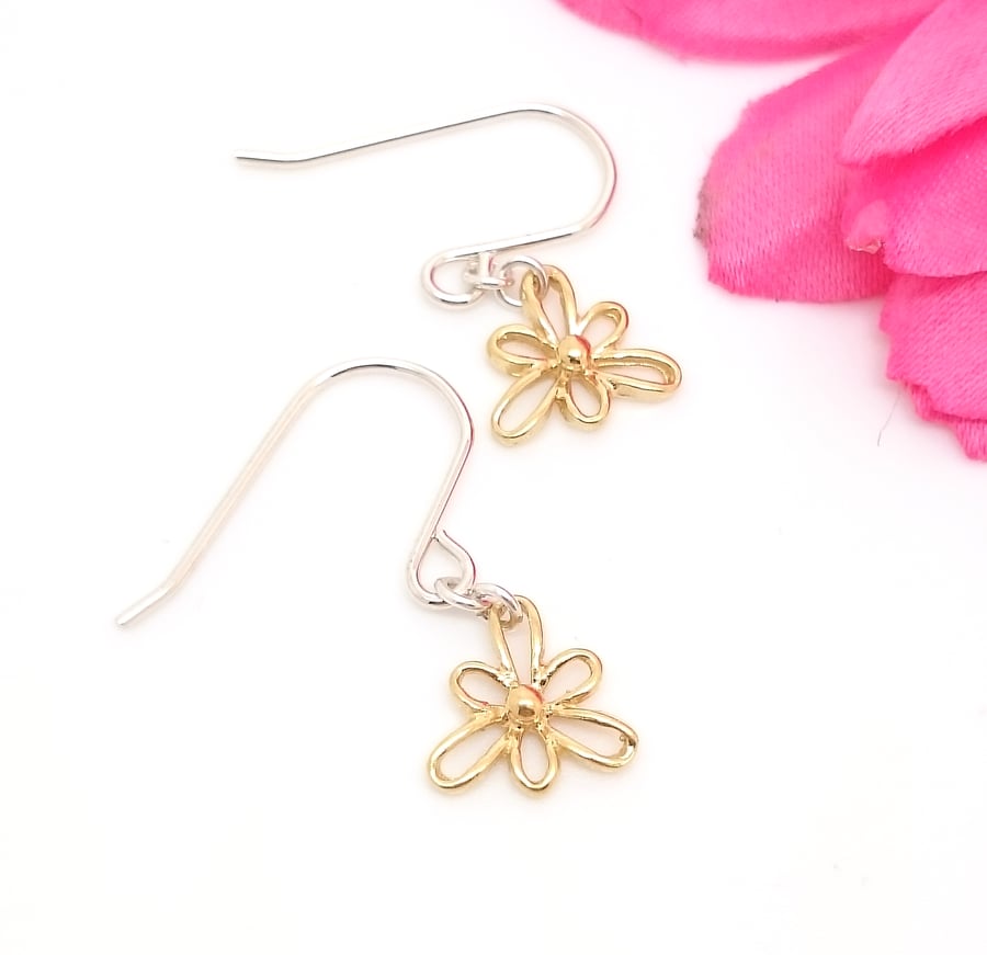 Sterling Silver Iris Flower Drop Earrings with Gold