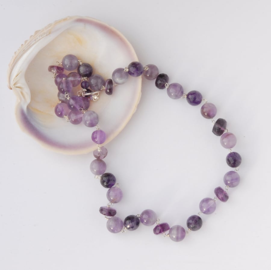 Sterling silver and amethyst beaded necklace