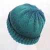 Adults Beanie Hat Knitted in Teal and Sea Green Acrylic Yarn