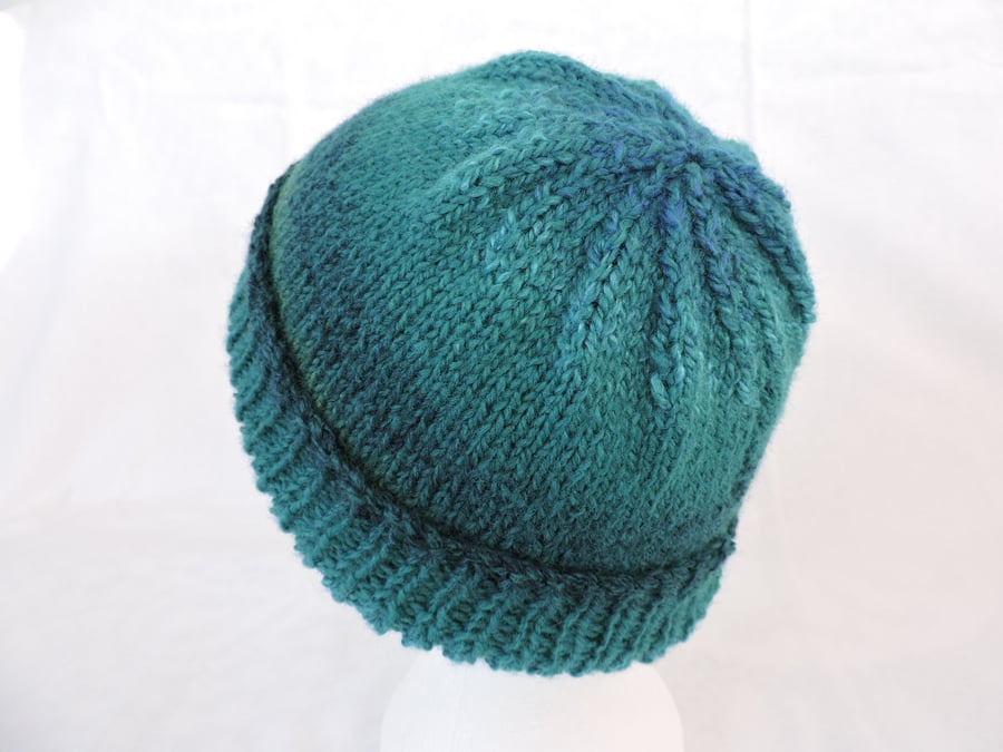 Adults Beanie Hat Knitted in Teal and Sea Green Acrylic Yarn