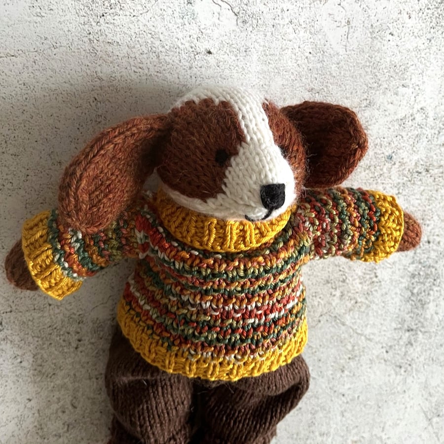 Spaniel in an autumn jumper and long brown trousers, Hand Knitted with love