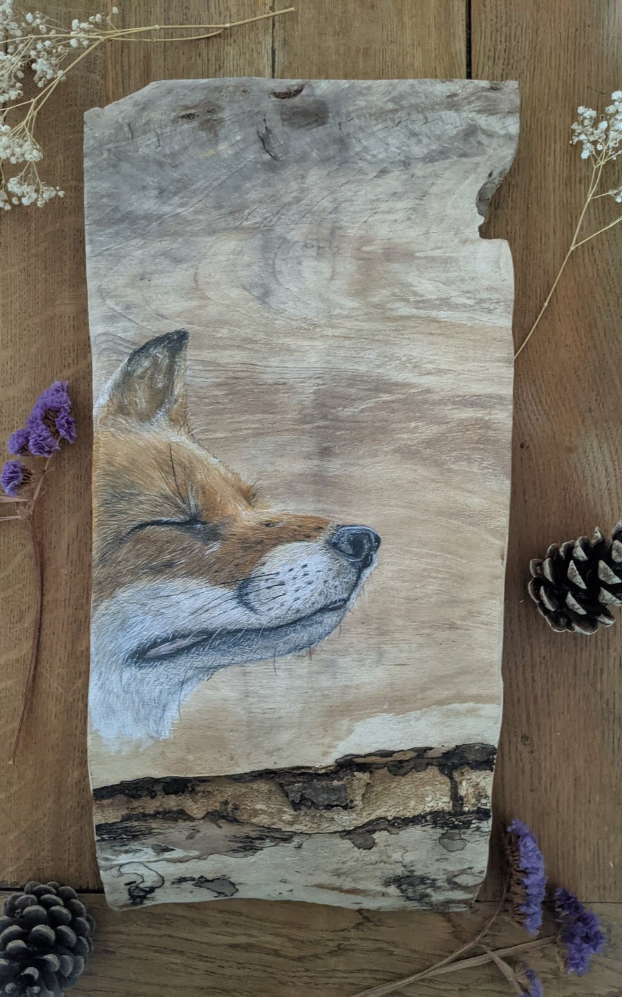 Original large fox painting on reclaimed and repurposed wood (beech)