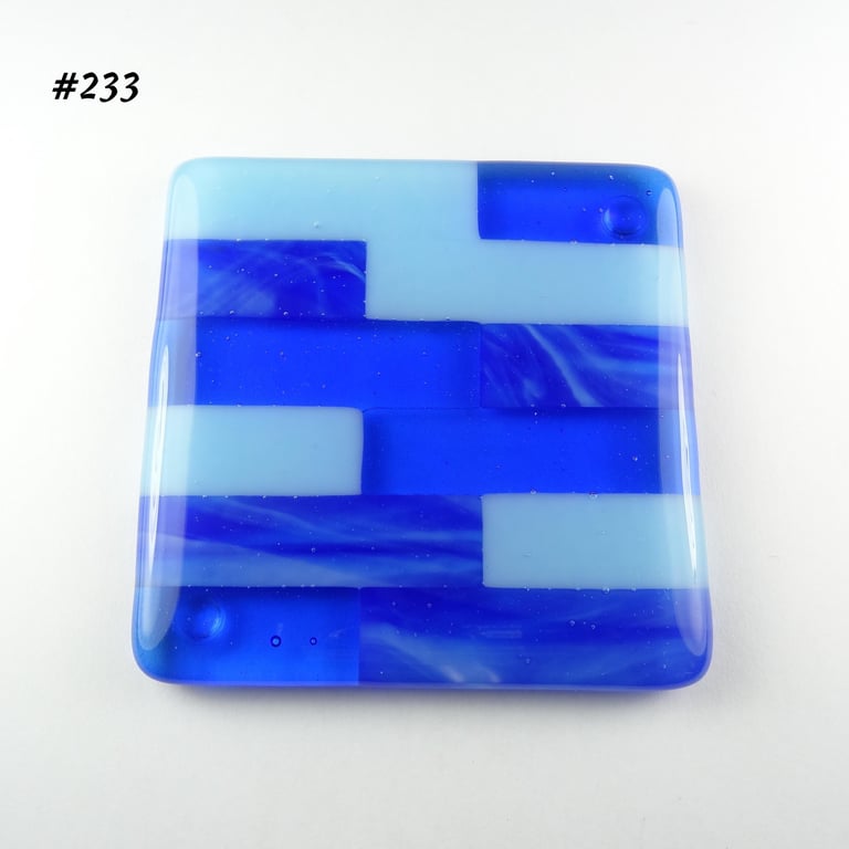 Blue block striped fused glass coaster, 9cm, handcrafted (233)