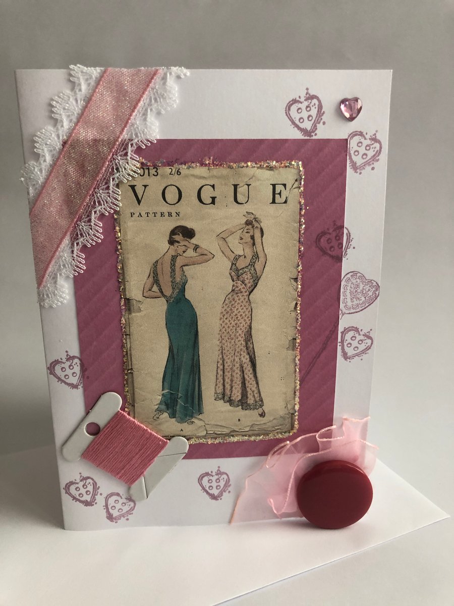 Blank Sewing Birthday Card Embellished 1954 Vogue Nightdress Sewing Pattern