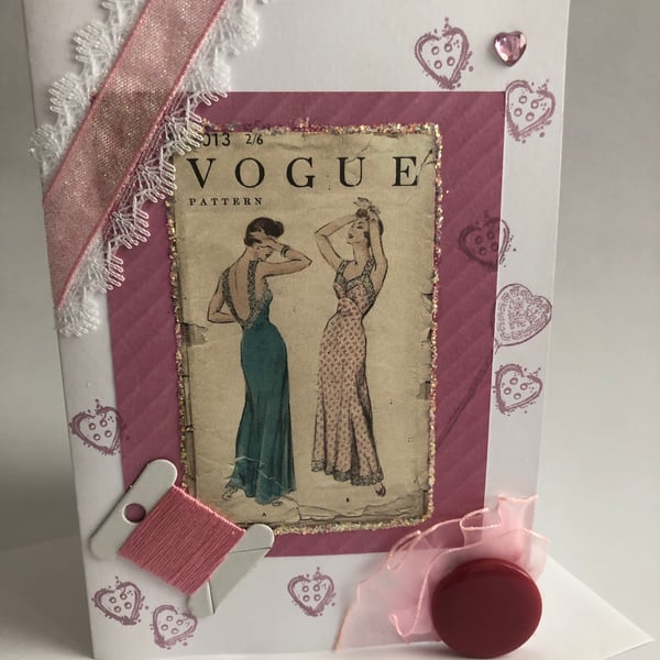 Blank Sewing Birthday Card Embellished 1954 Vogue Nightdress Sewing Pattern