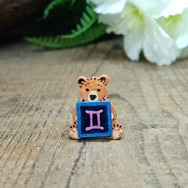 Gemini Bear Pin, Handmade Tiny Star Sign Wooden Teddy Badge