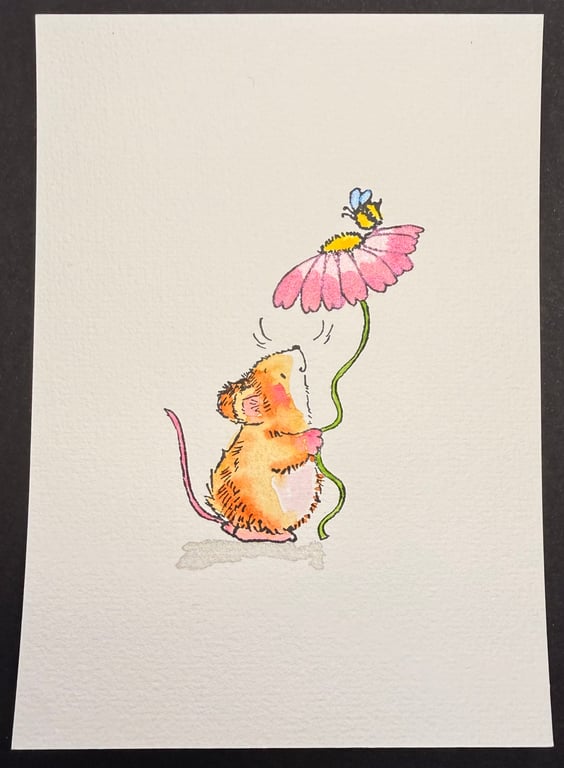 Hand watercoloured card topper from Penny Black stamp - mouse with flower