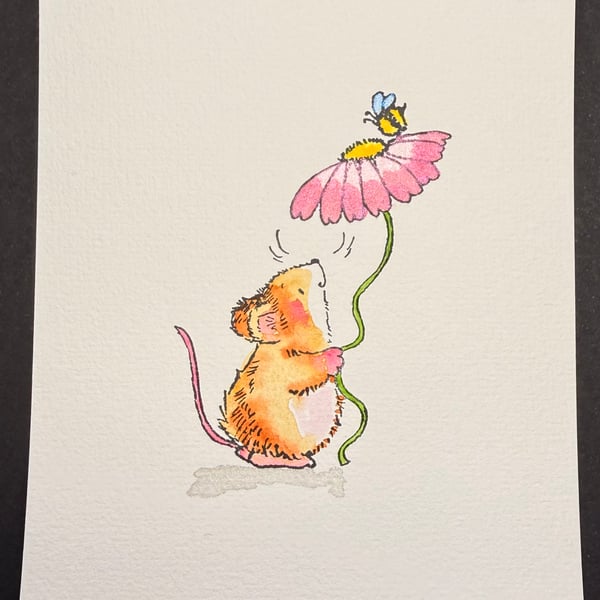 Hand watercoloured card topper from Penny Black stamp - mouse with flower