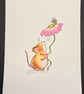 Hand watercoloured card topper from Penny Black stamp - mouse with flower