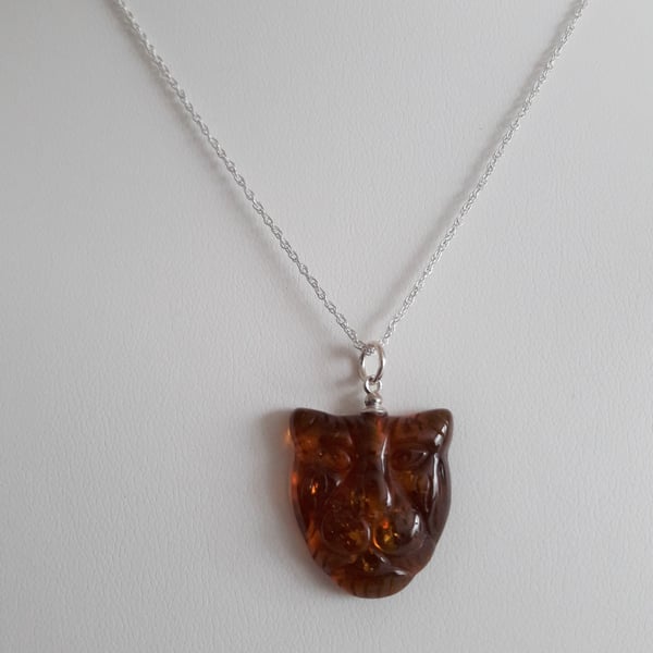 Amber Tigers Head Necklace. Bespoke, Sterling Silver, Gift for Her, Handmade