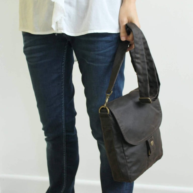 Minimal tablet messenger bag in brown waxed canvas by Minus